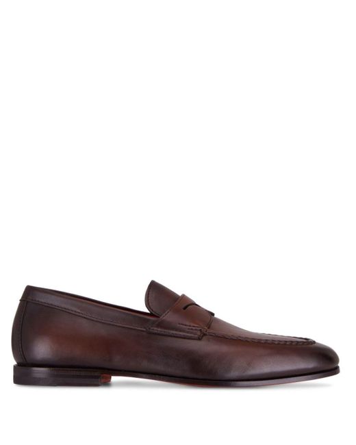 Santoni Brown Leather Penny Loafers for men
