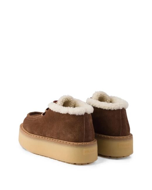 Prada Brown Shearling-Trim Platform Lace-Up Shoes