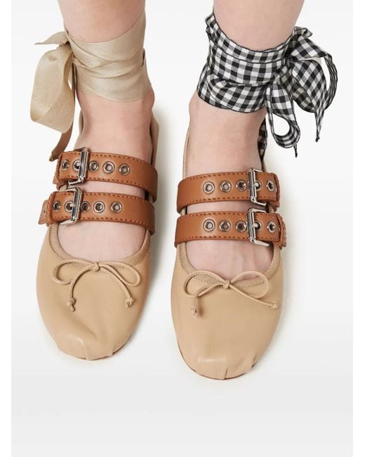 Miu Miu Natural Neutral Leather Ballerina Shoes - Women's - Fabric/calf Leather/calf Leather