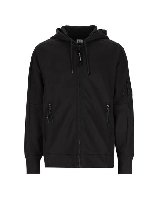 C P Company Black Diagonal Raised Fleece Hooded Zip Lens Sweatshirt for men