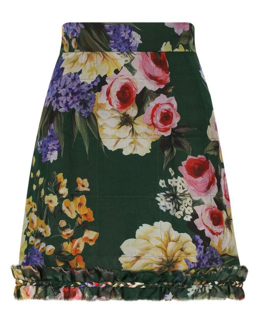 Dolce & Gabbana Green Floral-print Chiffon Miniskirt
