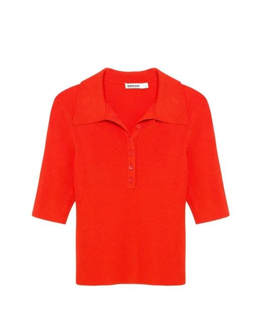 Jonathan Simkhai Red Secily Ribbed Knit Polo Shirt