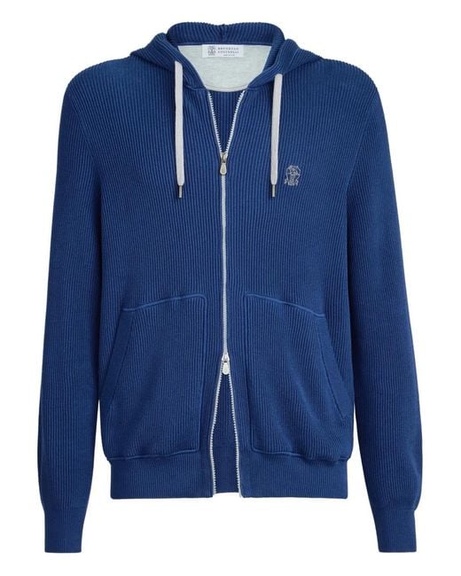 Brunello Cucinelli Blue Ribbed-Knit Hoodie for men