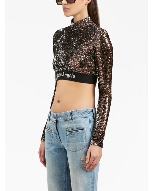 Palm Angels Black Logo-Strap Sequin Cropped Top