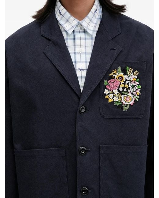KENZO Blue Floral-Embroidered Button-Up Shirt Jacket for men
