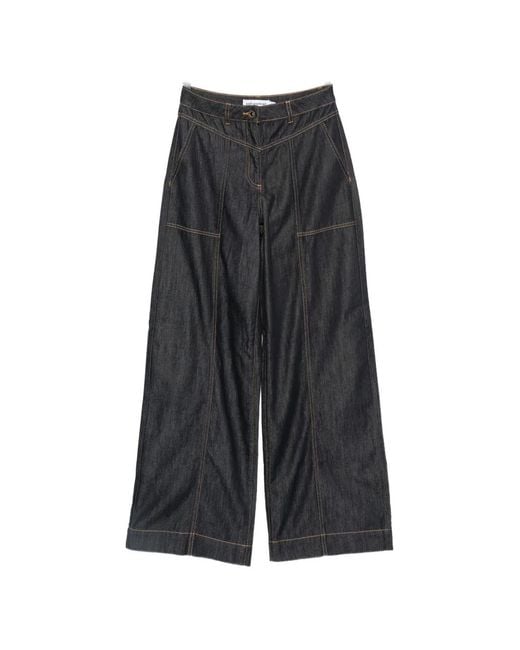 Self-Portrait Gray Contrast-Stitch Wide-Leg Jeans