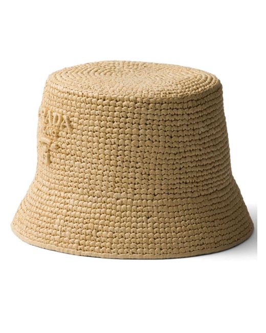 Prada Natural Braided Raffia Logo Bucket Hat