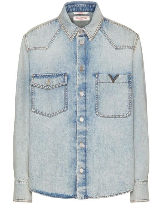 Valentino Garavani Blue V-Detail Denim Shirt for men