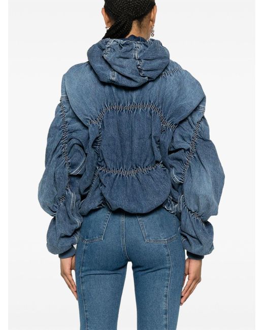 Khrisjoy Blue Hooded Ruched Denim Jacket