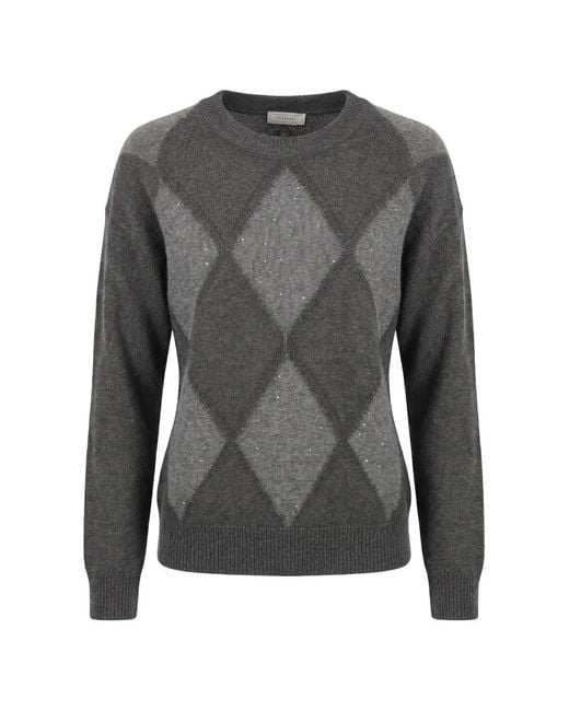 Peserico Gray Argyle Sequin-Embellished Sweater