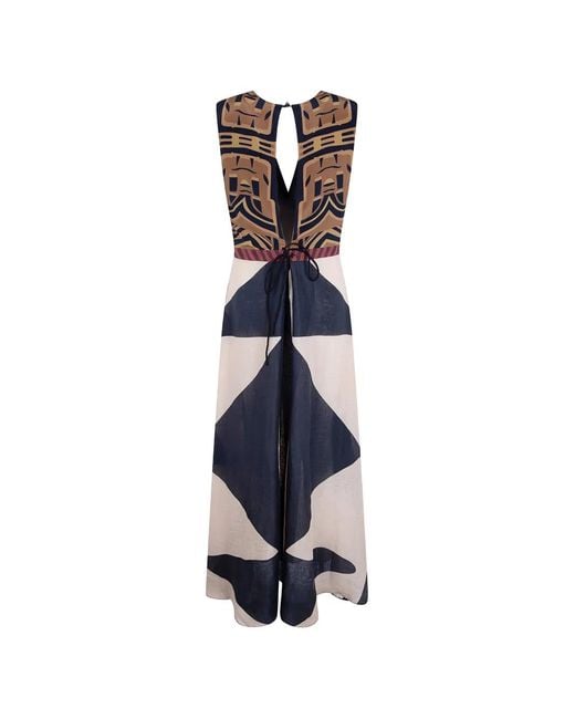 VOLANTIS Blue Ginko Abstract-Print V-Neck Linen Dress