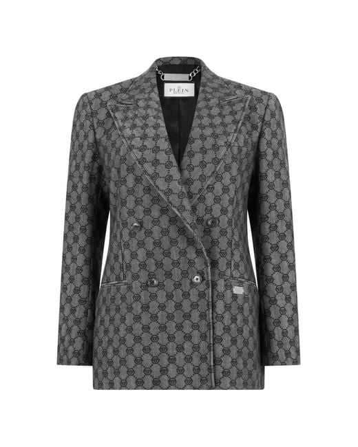 Philipp Plein Gray Monogram Double-Breasted Blazer