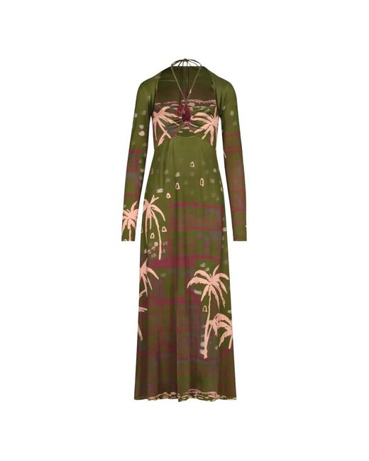 Johanna Ortiz Green Eternal Tropical Print Long Sleeve Jersey Dress
