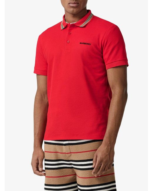 Burberry Icon Stripe Detail Cotton Piqué Polo Shirt in Red for Men Lyst