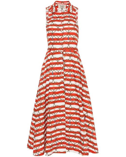 ALESSANDRO ENRIQUEZ Red Motif-Print Striped Cotton Dress