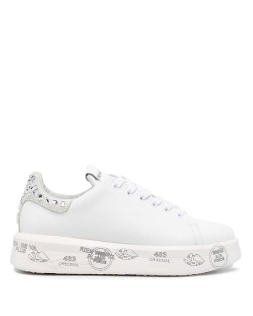 Premiata White Belle Crystal-embellished Leather Sneakers