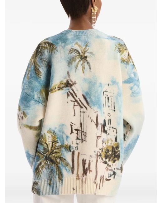 Oscar de la Renta White Dominican-Landscape Oversized Pullover