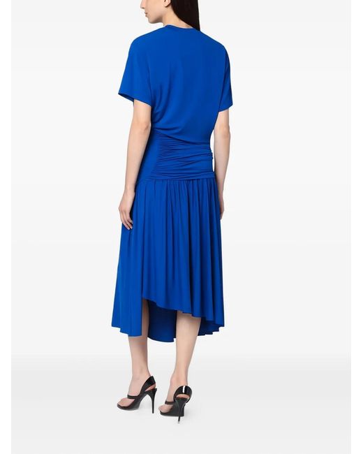Ferragamo Blue Gathered-Waist Asymmetric Day Dress