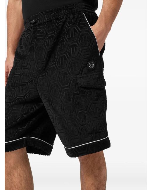 Philipp Plein Black Monogram-Pattern Shorts for men