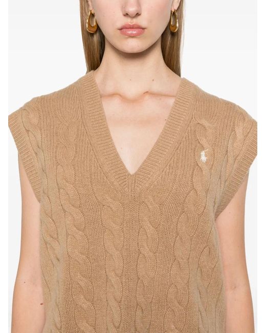 Polo Ralph Lauren Natural Rib-Knit V-Neck Sleeveless Sweater With Embroidered Pony