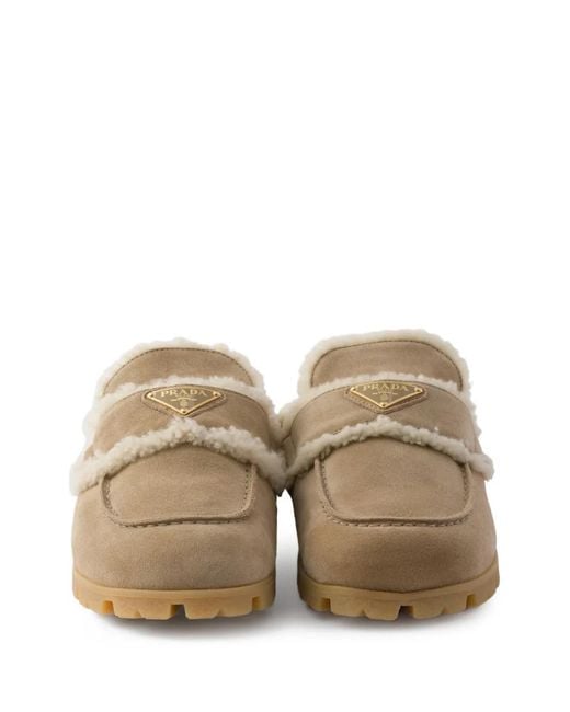 Prada Brown Mules Mit Shearling-Schild