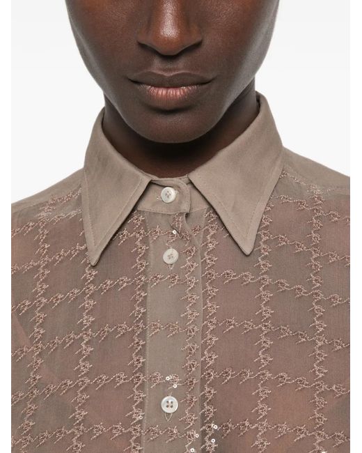 Brunello Cucinelli Brown Sequin-Embellished Semi-Sheer Shirt