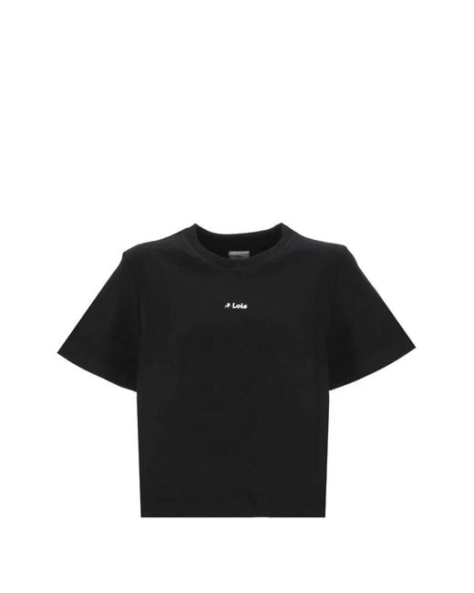 Lois Black Logo-Print Cropped T-Shirt