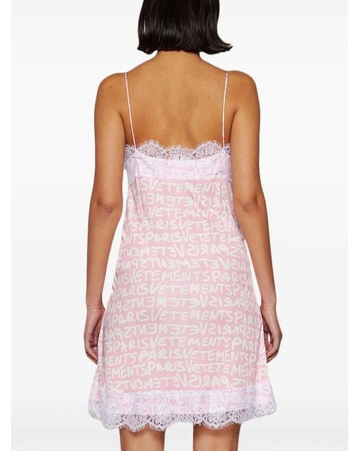 Vetements Pink Logo-Print Lace-Trim Minidress