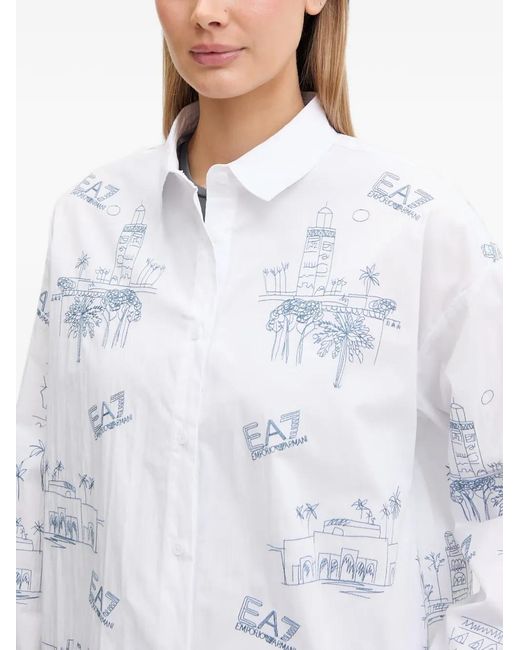 EA7 White Print-Detail Long-Sleeve Shirt