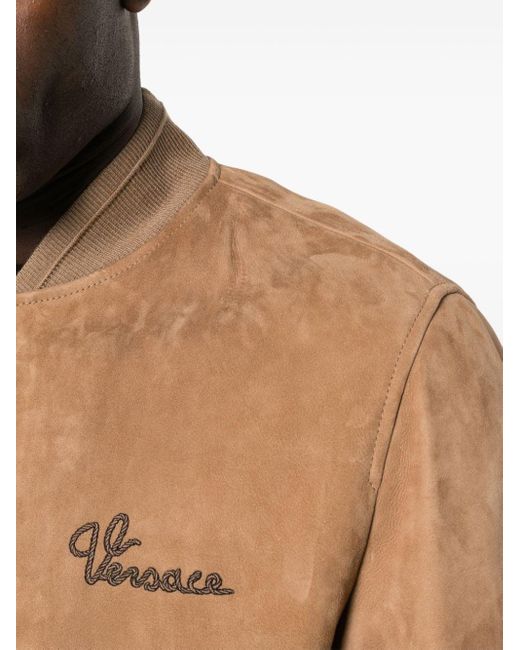 Versace Brown Logo-embroidered Suede Bomber Jacket for men