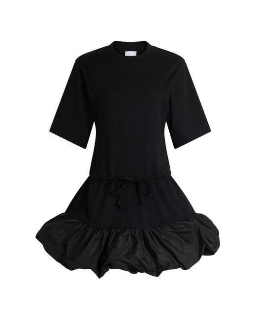 Patou Black Drawstring-Waist Bubble-Hem Mini Dress