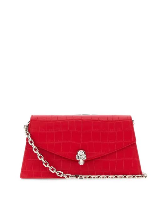 McQueen Red Skull Crocodile-Effect Shoulder Bag