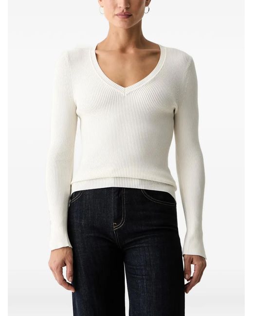 Guess White Ellie Ribbed-Knit V-Neck Sweater