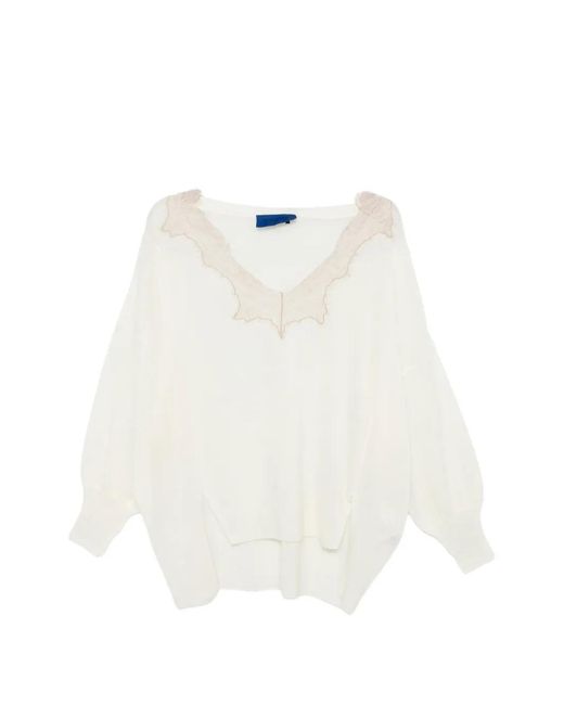 Mes Demoiselles White Aera Lace V-Neck Sweater