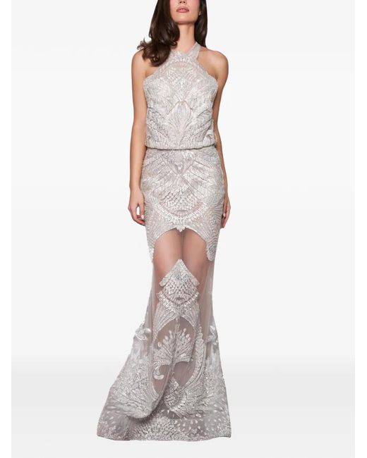 IMROSKA White Bead-Embellished Feather-Trim Dress