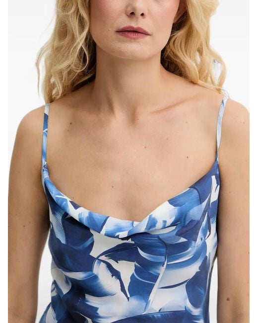 Guess Blue Leaf-Print Cowl-Neck Midi Dress