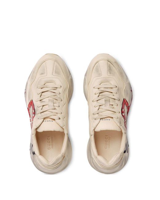 Gucci Rhyton Leather Sneakers With Maxi Mouth Print in Cream (White) - Save  29% | Lyst