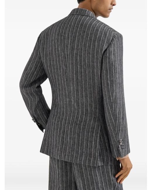 Brunello Cucinelli Gray Linen Chalk Stripe Chevron Tailor Blazer With Metal Buttons for men