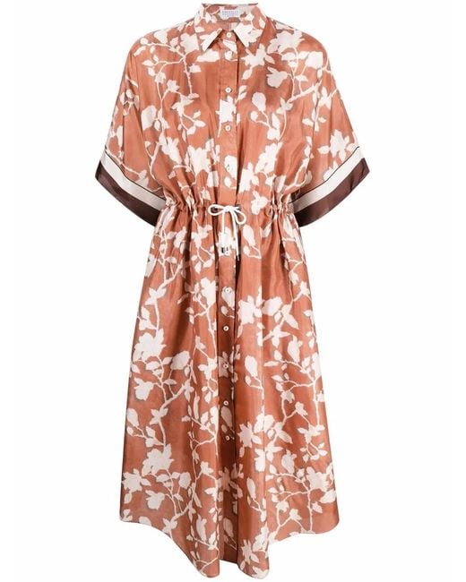 Brunello Cucinelli Brown Floral-Print Shirt Dress