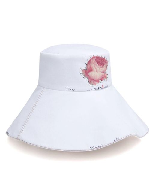 Marni White Floral-appliqué Bucket Hat