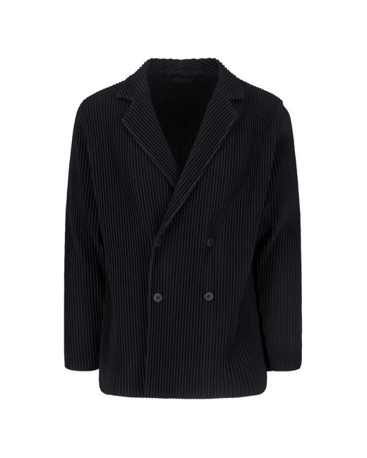 Homme Plissé Issey Miyake Black Pleated Double-Breasted Blazer for men