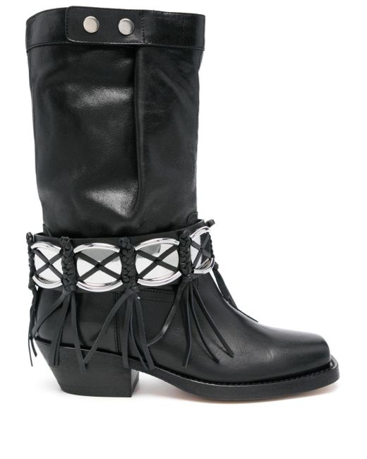 Isabel Marant Black Braided Leather Mid-Heel Boots