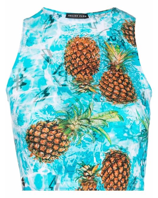Philipp Plein Blue Pineapple Skies Crop Top