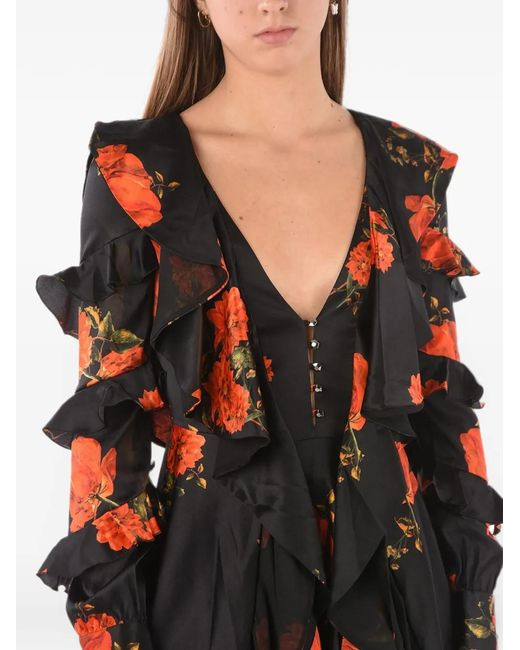 Philipp Plein Black Floral-Print Ruffled Mini Dress