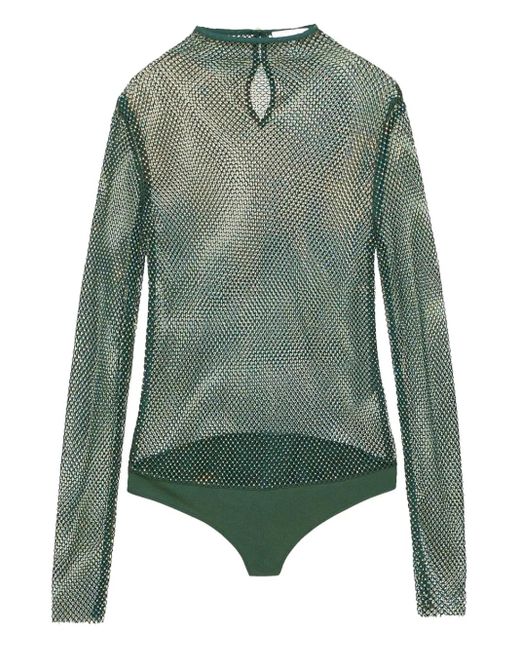 Patrizia Pepe Green Rhinestone-Embellished Mesh Bodysuit