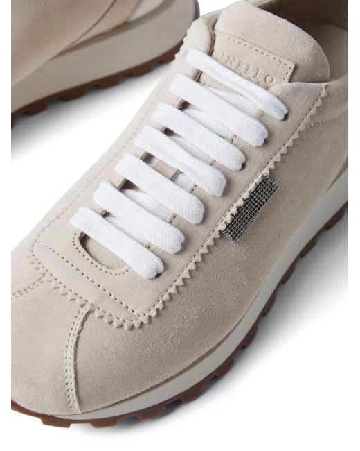 Brunello Cucinelli White Wildleder-Sneakers mit Monili-Kette