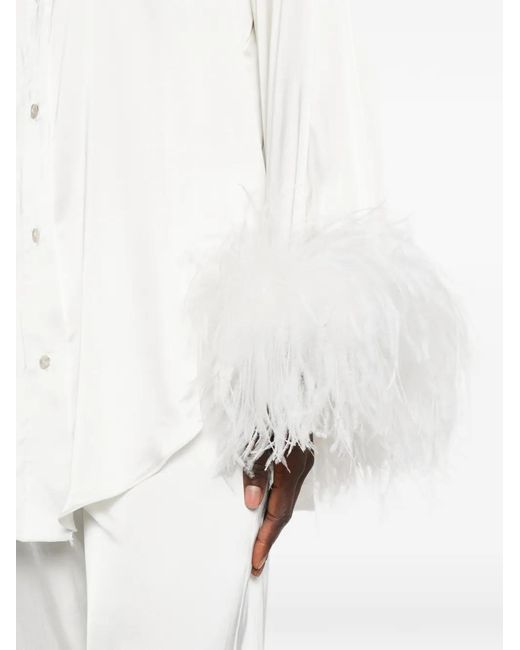 Oseree White Feather-Trim Satin Blouse