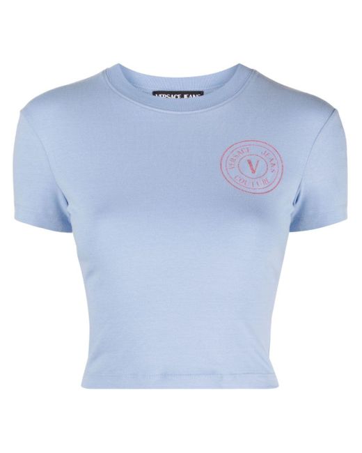 T-shirt crop en coton à logo pailleté Versace en coloris Blue