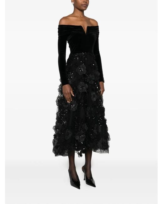 black evening dress with sleeves Dali Floral Applique Gown in Black