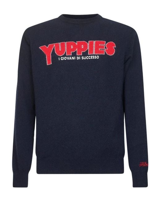 Mc2 Saint Barth Blue Deep Crew Neck Sweater With Bold Lettering for men